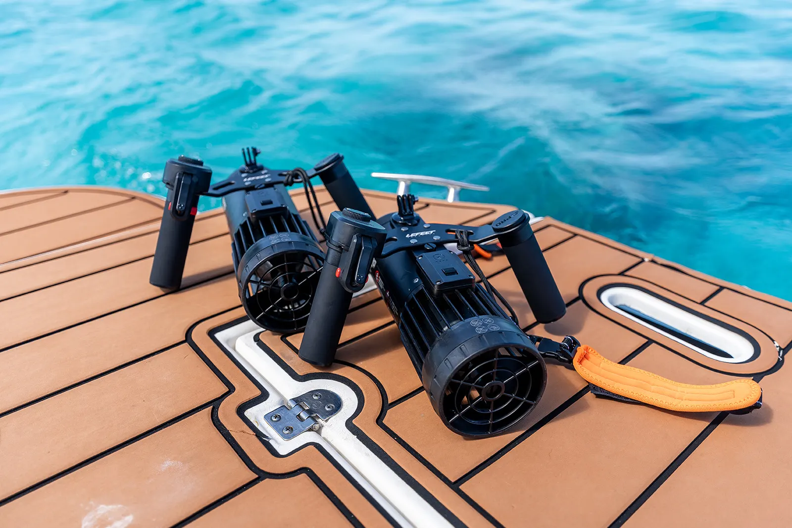 Underwater sea scooters ready for guests on an Eden Luca charter
