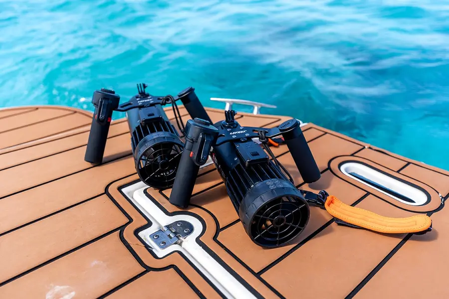 Underwater water scooters ready for guests on an Eden Luca charter