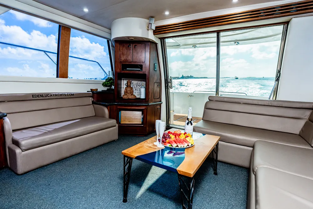 Air-conditioned interior salon on board Eden Luca Blue in Aruba