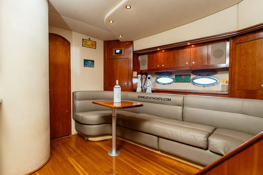 Air-conditioned interior salon on board Eden Luca Red in Aruba